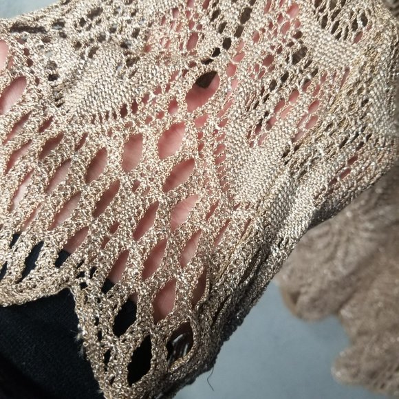 DAMIANOU Women's Made in the USA Gold Shimmer Lace Scalloped Blouse Top Size L - Picture 6 of 11